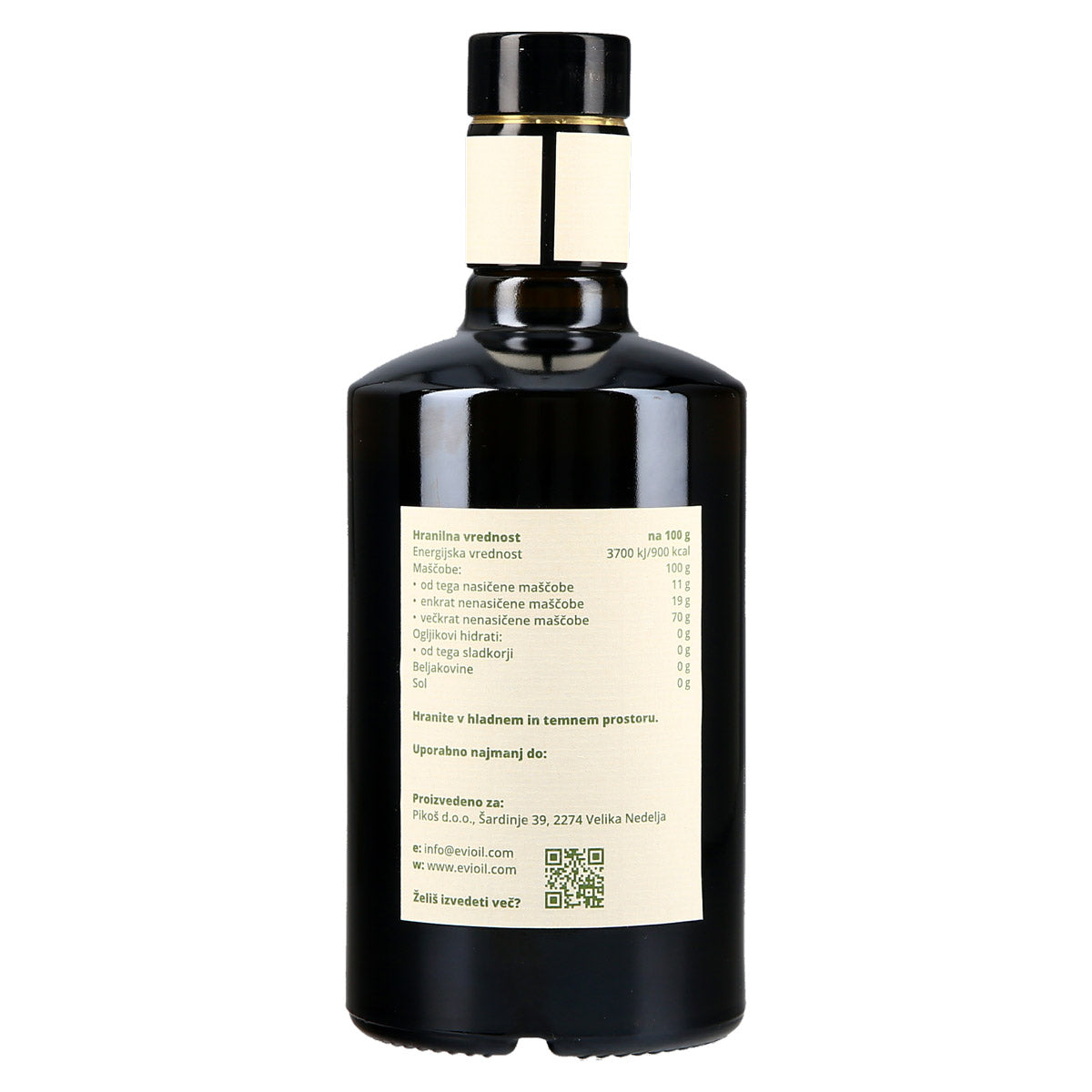 grapeseeds oil 500 ml Evioil with nutrition and contact data 